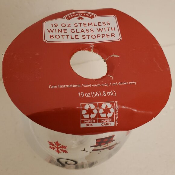 NWT Holiday Time 19oz Stemless "Let It Snow" Wine Glass w/Snowman Bottle Stopper - Picture 5 of 6